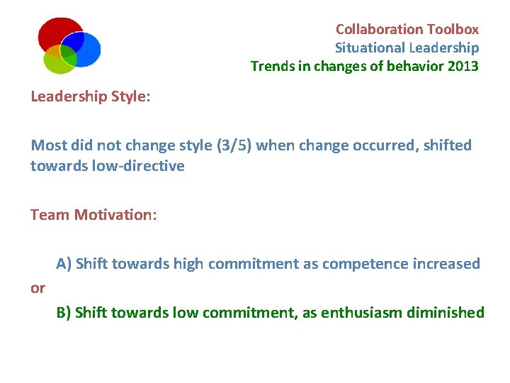 Collaboration Toolbox Situational Leadership Trends in changes of behavior 2013 Leadership Style: Most did