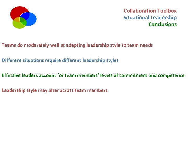 Collaboration Toolbox Situational Leadership Conclusions Teams do moderately well at adapting leadership style to