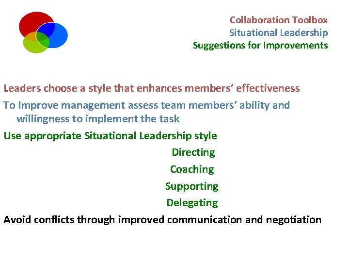 Collaboration Toolbox Situational Leadership Suggestions for Improvements Leaders choose a style that enhances members’
