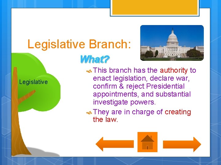 Legislative Branch: What? This branch has the authority to Legislative enact legislation, declare war,