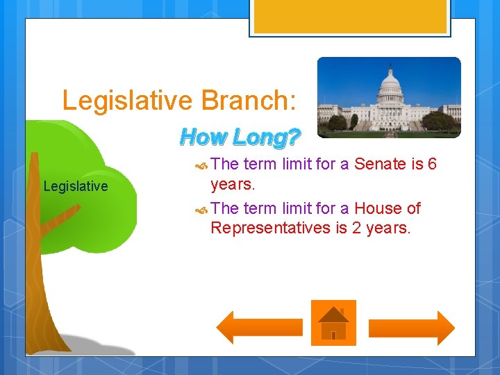 Legislative Branch: How Long? The term limit for a Senate is 6 Legislative years.