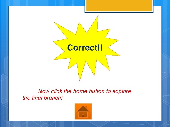 Correct!! Now click the home button to explore the final branch! 