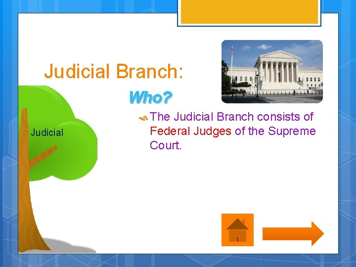 Judicial Branch: Who? The Judicial Branch consists of Judicial Federal Judges of the Supreme