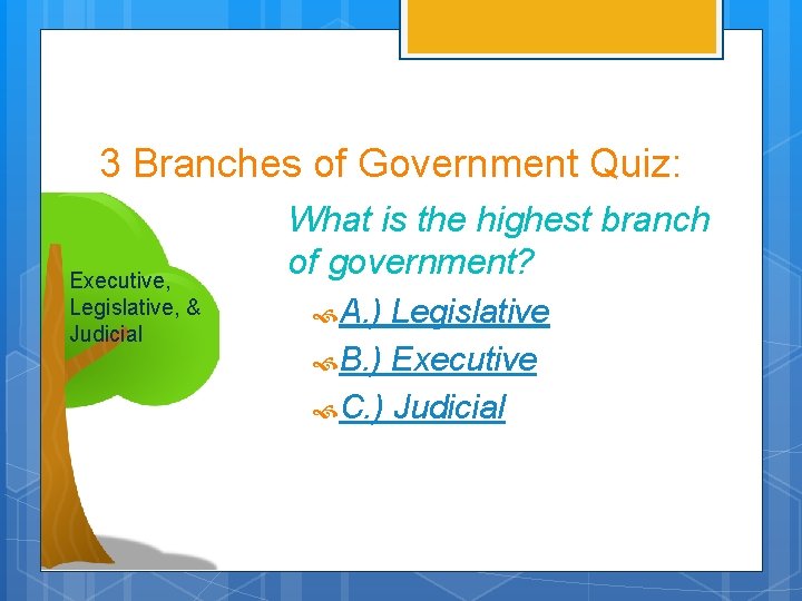 3 Branches of Government Quiz: Executive, Legislative, & Judicial What is the highest branch