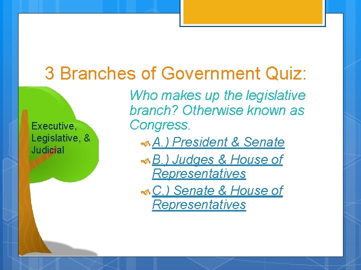 3 Branches of Government Quiz: Executive, Legislative, & Judicial Who makes up the legislative