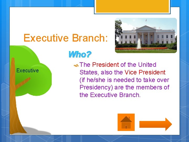 Executive Branch: Who? Executive The President of the United States, also the Vice President
