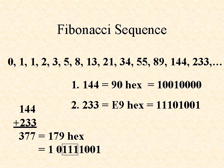 Fibonacci Sequence 0, 1, 1, 2, 3, 5, 8, 13, 21, 34, 55, 89,