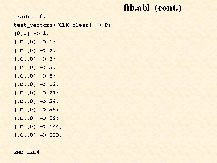 fib. abl (cont. ) @radix 16; test_vectors([CLK, clear] -> P) [0, 1] -> 1;