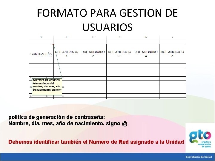 FORMATO PARA GESTION DE USUARIOS política de generación de contraseña: Nombre, día, mes, año