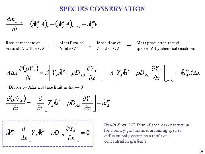 SPECIES CONSERVATION Rate of increase of mass of A within CV = Mass flow