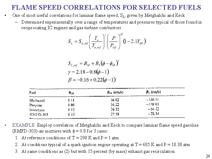 FLAME SPEED CORRELATIONS FOR SELECTED FUELS • One of most useful correlations for laminar