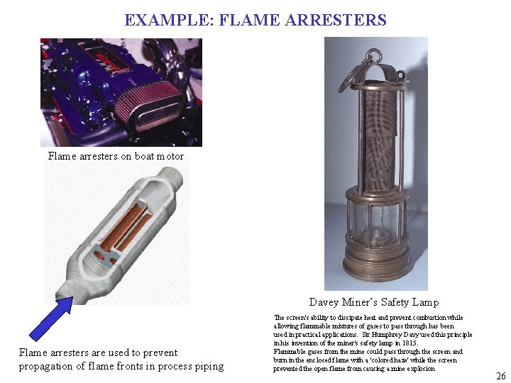 EXAMPLE: FLAME ARRESTERS Flame arresters on boat motor Davey Miner’s Safety Lamp Flame arresters