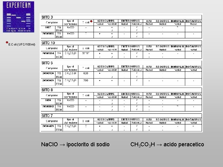 E. Coli (UFC/100 ml) Na. Cl. O → ipoclorito di sodio CH 3 CO