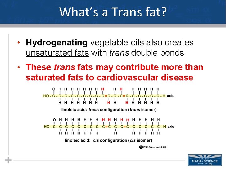 What’s a Trans fat? • Hydrogenating vegetable oils also creates unsaturated fats with trans