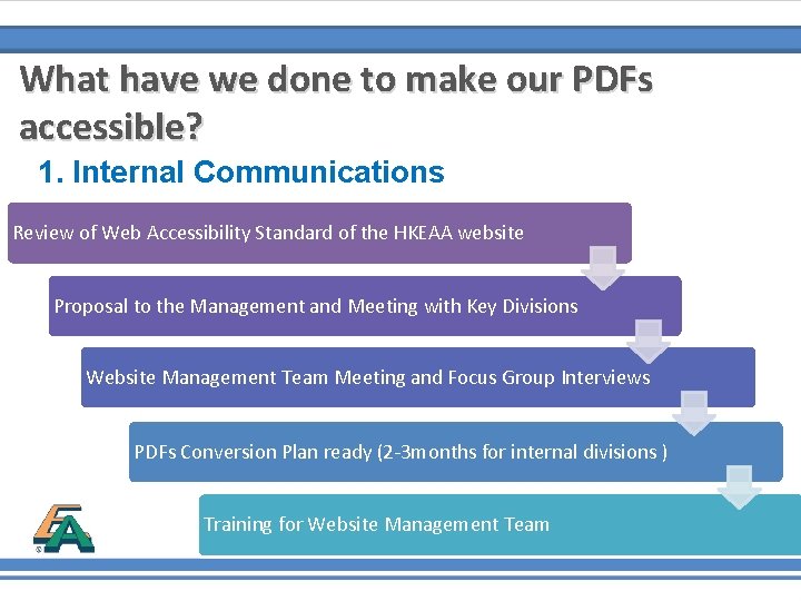 What have we done to make our PDFs accessible? 1. Internal Communications Review of