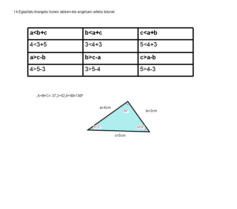 14. Egiaztatu triangelu honen aldeen eta angeluen arteko loturak a<b+c b<a+c c<a+b 4<3+5 3<4+3