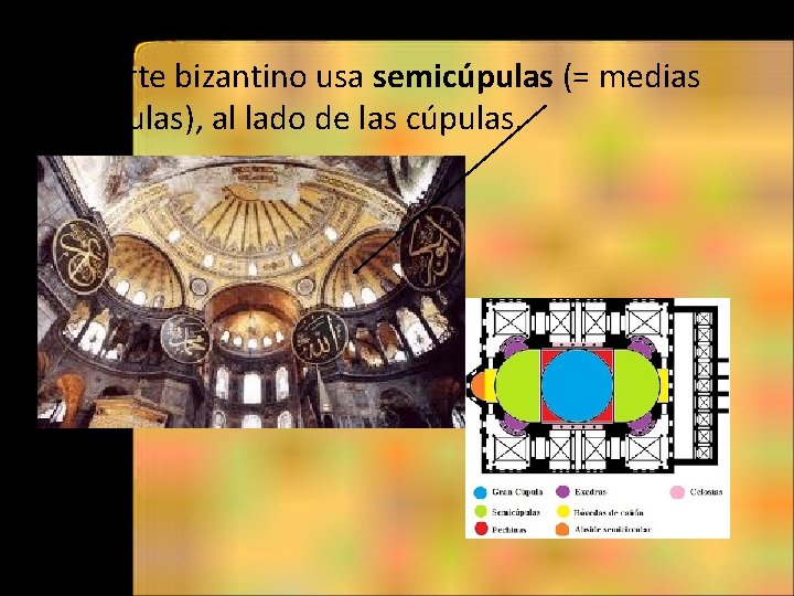  • El arte bizantino usa semicúpulas (= medias cúpulas), al lado de las