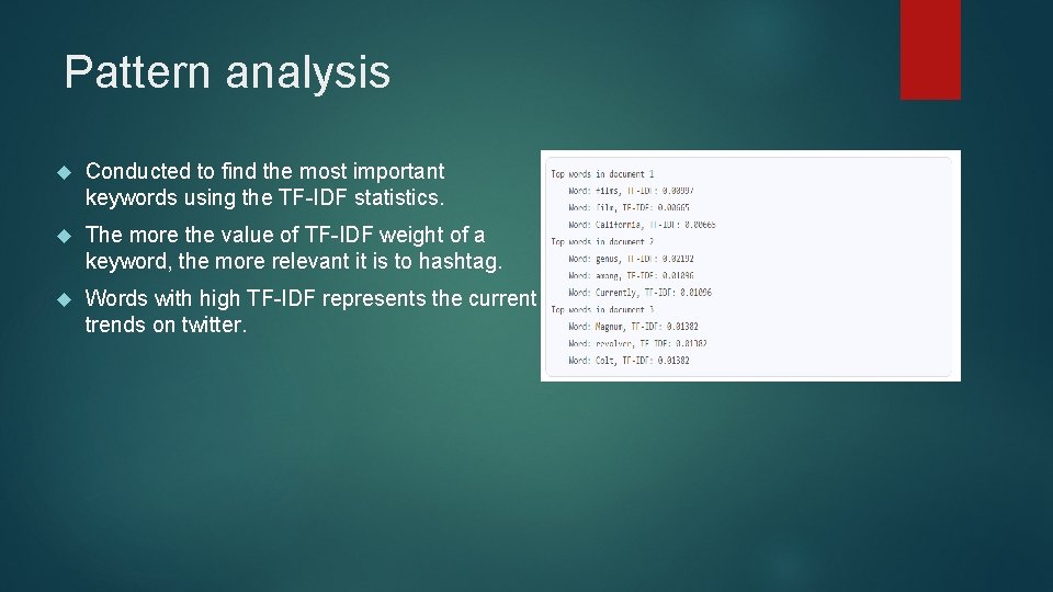 Pattern analysis Conducted to find the most important keywords using the TF-IDF statistics. The