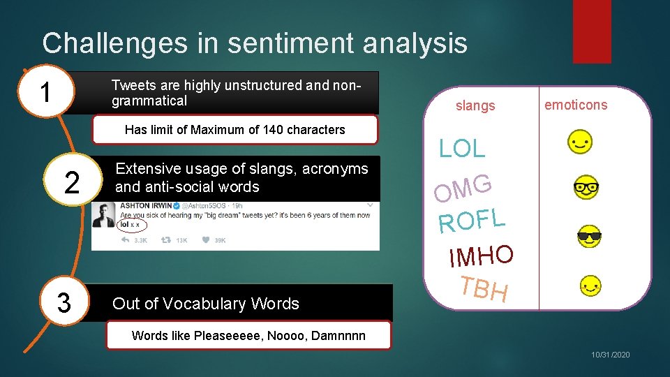Challenges in sentiment analysis 1 Tweets are highly unstructured and nongrammatical Has limit of