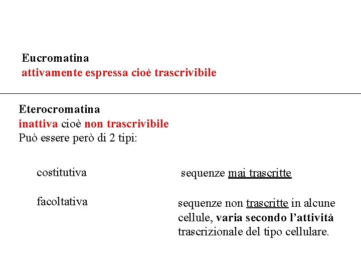 Eucromatina attivamente espressa cioè trascrivibile Eterocromatina inattiva cioè non trascrivibile Può essere però di