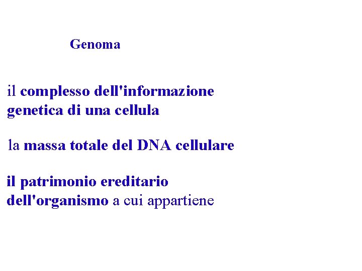 Genoma il complesso dell'informazione genetica di una cellula la massa totale del DNA cellulare