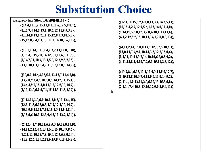 Substitution Choice unsigned char SBox_DES[8][4][16] = { {{14, 4, 13, 1, 2, 15, 11,