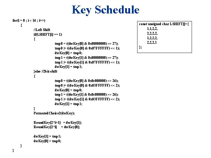 Key Schedule for(i = 0 ; i < 16 ; i++) { //Left Shift