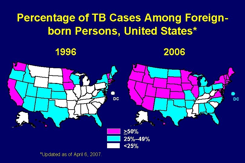 Percentage of TB Cases Among Foreignborn Persons, United States* 1996 2006 DC DC >50%