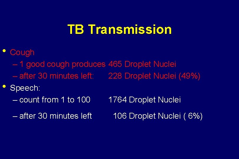 TB Transmission • Cough • – 1 good cough produces 465 Droplet Nuclei –