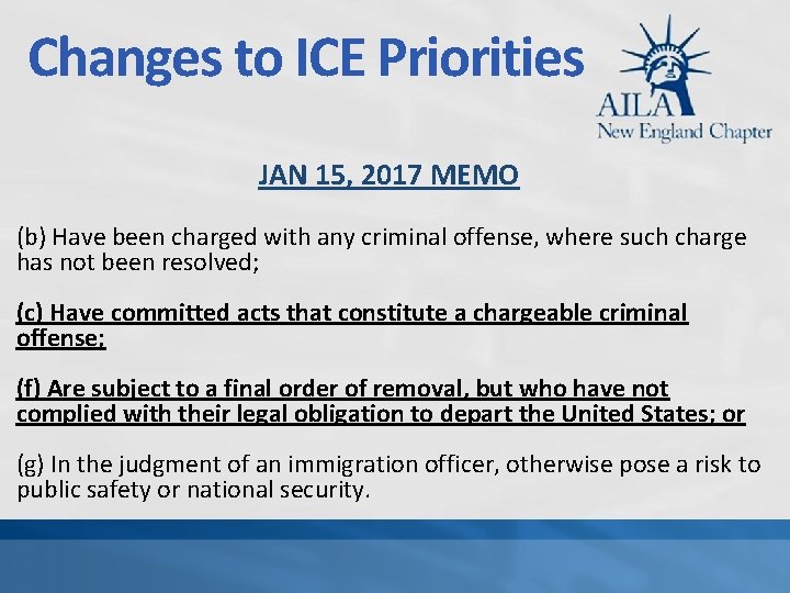 Changes to ICE Priorities JAN 15, 2017 MEMO (b) Have been charged with any
