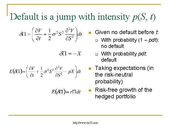 Default is a jump with intensity p(S, t) n Given no default before t: