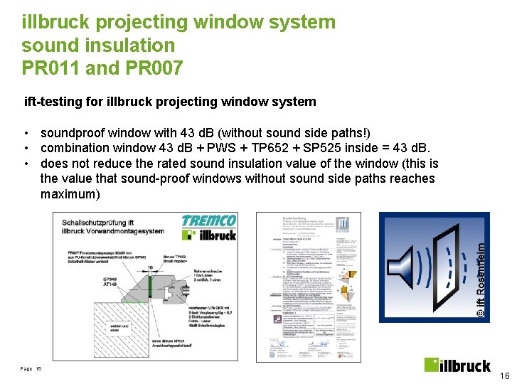 illbruck projecting window system sound insulation PR 011 and PR 007 ift-testing for illbruck