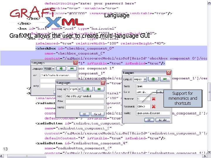 Language Grafi. XML allows the user to create multi-language GUI Support for mnemonics and Language Grafi. XML allows the user to create multi-language GUI Support for mnemonics and
