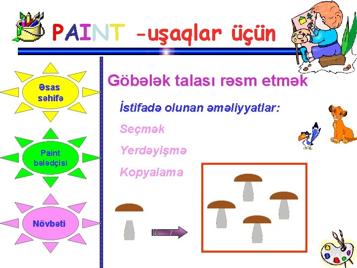 PAINT -uşaqlar üçün Əsas səhifə Göbələk talası rəsm etmək İstifadə olunan əməliyyatlar: Seçmək Paint PAINT -uşaqlar üçün Əsas səhifə Göbələk talası rəsm etmək İstifadə olunan əməliyyatlar: Seçmək Paint