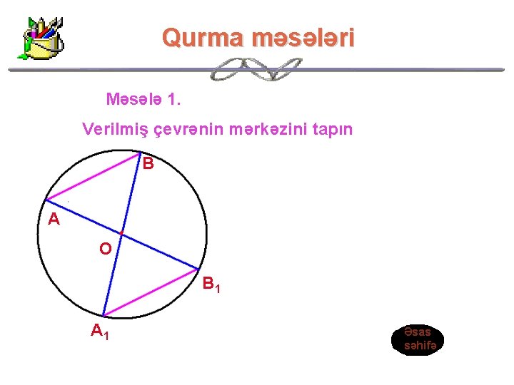 Qurma məsələri Məsələ 1. Verilmiş çevrənin mərkəzini tapın В А О В 1 А Qurma məsələri Məsələ 1. Verilmiş çevrənin mərkəzini tapın В А О В 1 А
