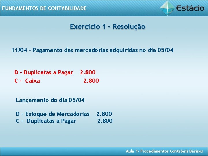 FUNDAMENTOS DE CONTABILIDADE Exercício 1 - Resolução 11/04 - Pagamento das mercadorias adquiridas no