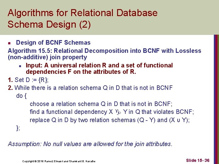 Algorithms for Relational Database Schema Design (2) Design of BCNF Schemas Algorithm 15. 5: