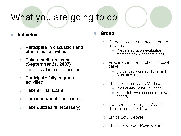 What you are going to do l Individual l Group ¡ ¡ Participate in