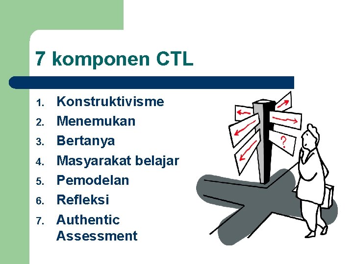 7 komponen CTL 1. 2. 3. 4. 5. 6. 7. Konstruktivisme Menemukan Bertanya Masyarakat