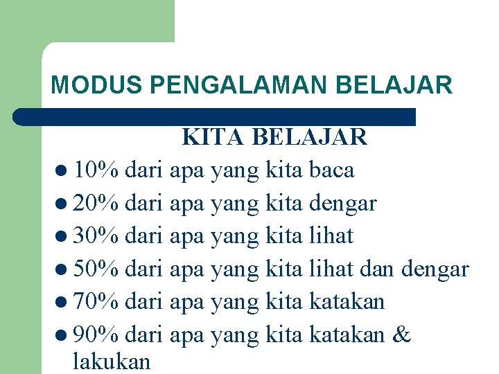 MODUS PENGALAMAN BELAJAR KITA BELAJAR l 10% dari apa yang kita baca l 20%