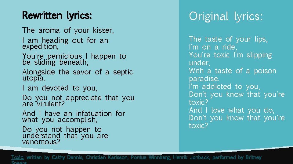 Rewritten lyrics: Original lyrics: The aroma of your kisser, I am heading out for