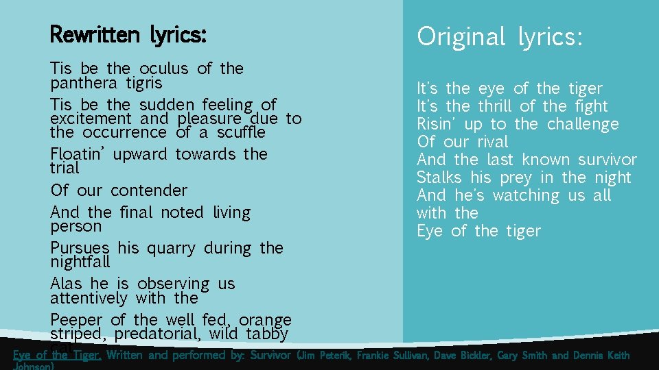 Rewritten lyrics: Eye Original lyrics: Tis be the oculus of the panthera tigris It's