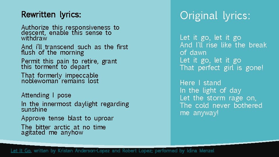 Rewritten lyrics: Original lyrics: Authorize this responsiveness to descent, enable this sense to withdraw