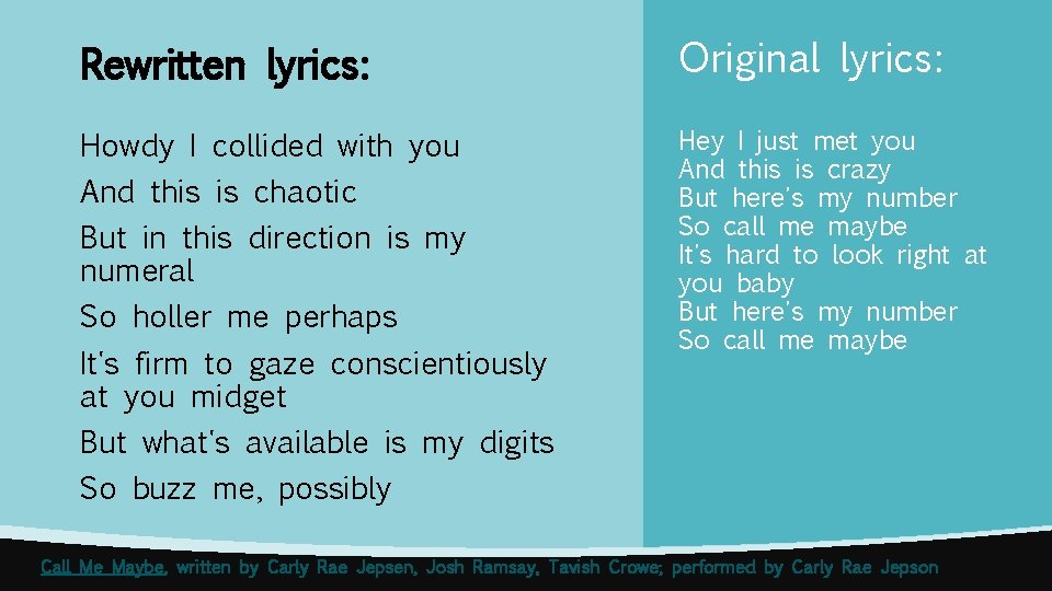Rewritten lyrics: Original lyrics: Howdy I collided with you Hey I just met you