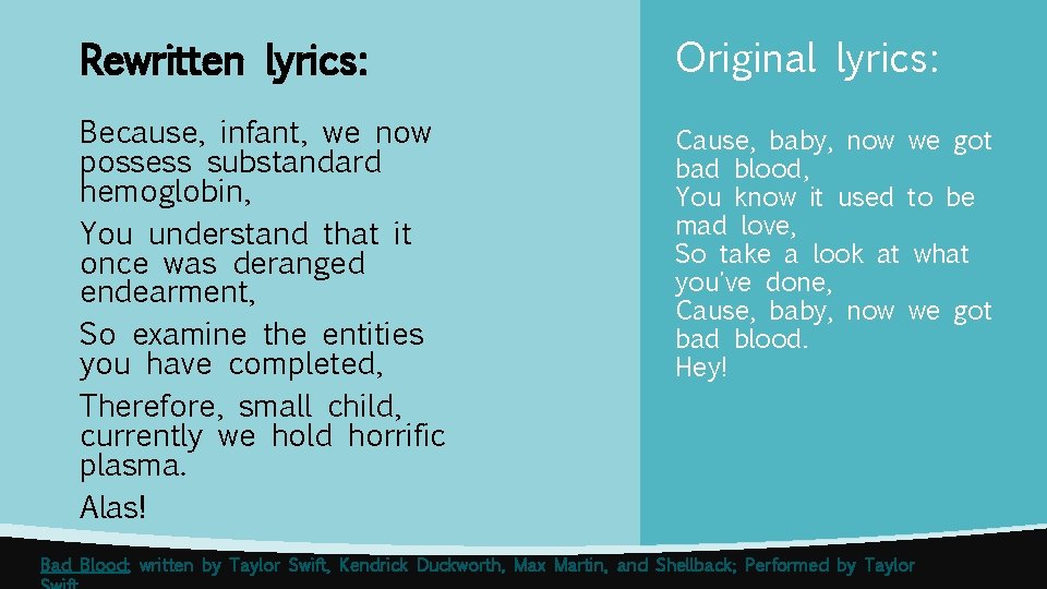 Rewritten lyrics: Original lyrics: Because, infant, we now possess substandard hemoglobin, You understand that