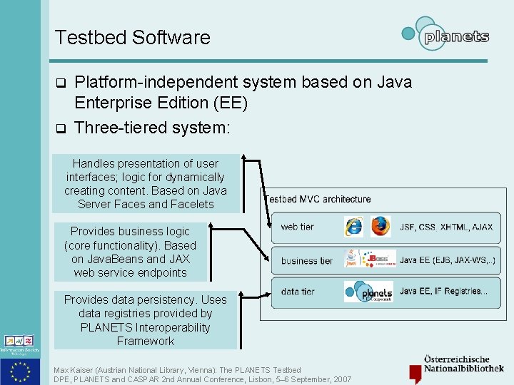 Testbed Software q q Platform-independent system based on Java Enterprise Edition (EE) Three-tiered system: