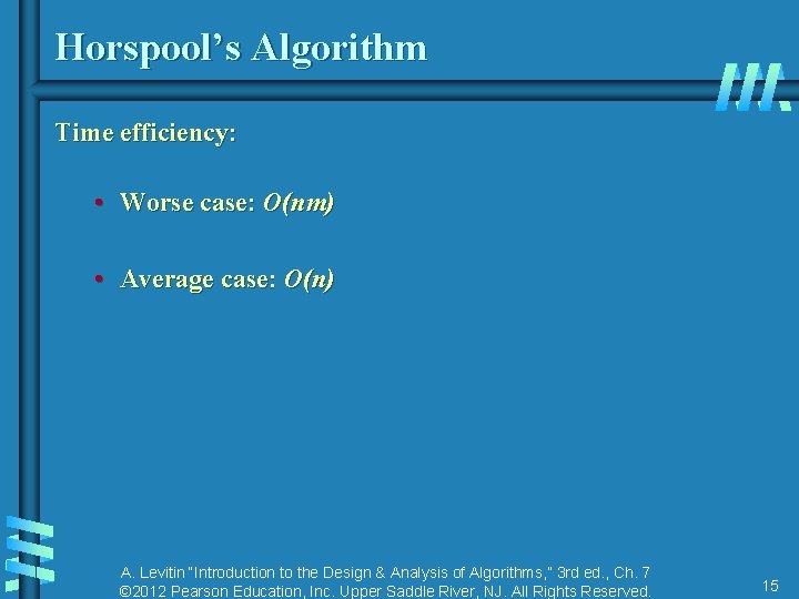 Horspool’s Algorithm Time efficiency: • Worse case: O(nm) • Average case: O(n) A. Levitin