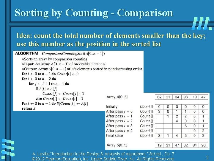 Sorting by Counting - Comparison Idea: count the total number of elements smaller than