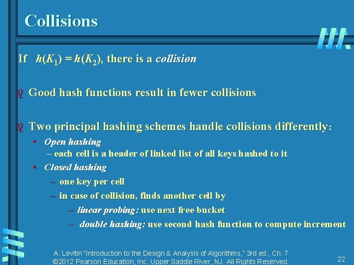 Collisions If h(K 1) = h(K 2), there is a collision b Good hash