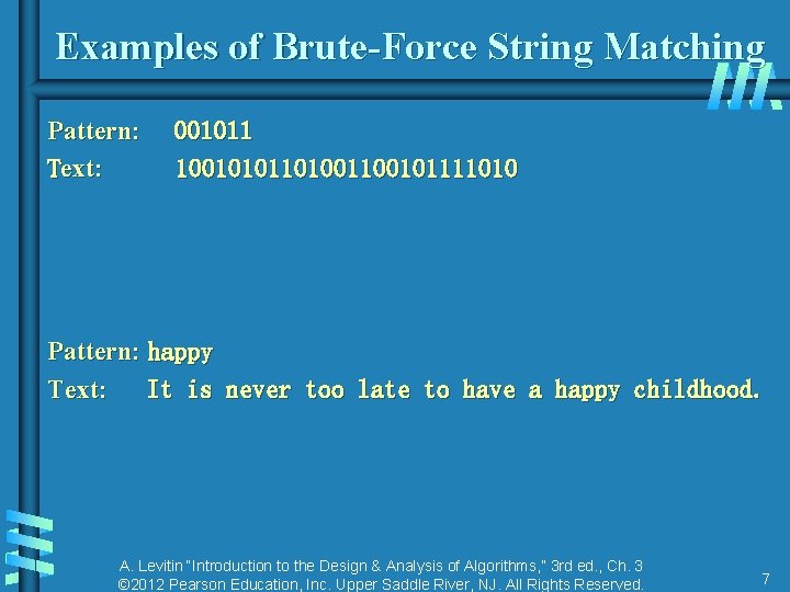 Examples of Brute-Force String Matching Pattern: Text: 001011 1001010110100101111010 Pattern: happy Text: It is